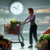 30代の女性オフィスワーカーがスーパーマーケットで健康的な食材をカートに入れているシーン。背景には時計があり、時間が限られていることを象徴しています。