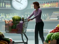 30代の女性オフィスワーカーがスーパーマーケットで健康的な食材をカートに入れているシーン。背景には時計があり、時間が限られていることを象徴しています。
