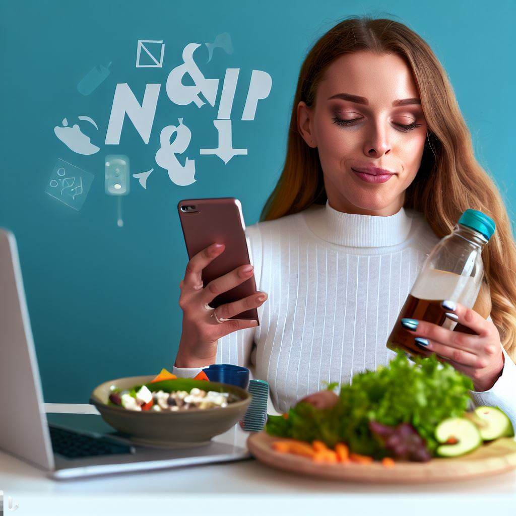 30代の女性がデスクで健康的なランチを食べながら、サプリメントの瓶とスマートフォンを手に持っています。背景には「ダイエット & 栄養」の文字が浮かんでいます。